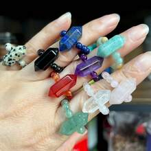 1PC Natural Crystal Chakra Double Point Tower Beaded Stretch Rings, Multiple Types Polished Healing Spiritual Meditation Crystal Jewelry Gift - Double-pointed Bead Ring - View 1