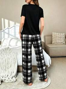 女款藍色短袖上衣與格紋長褲2件組睡衣家居服 - 黑色 - 查看 6