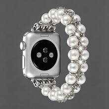 1pc Women Girls Double Row Pearl & Rhinestone Inlaid Beaded Watch Band Compatible With Apple Watch 38/40/41/44/45/49/42/46mm, Compatible With I-Watch Series 11/SE3/Ultra3/Ultra/SE/SE2/10/9/8/7/6/5/4/3/2/1, Handmade Elastic Smart Watch Band - Rose Gold - View 2