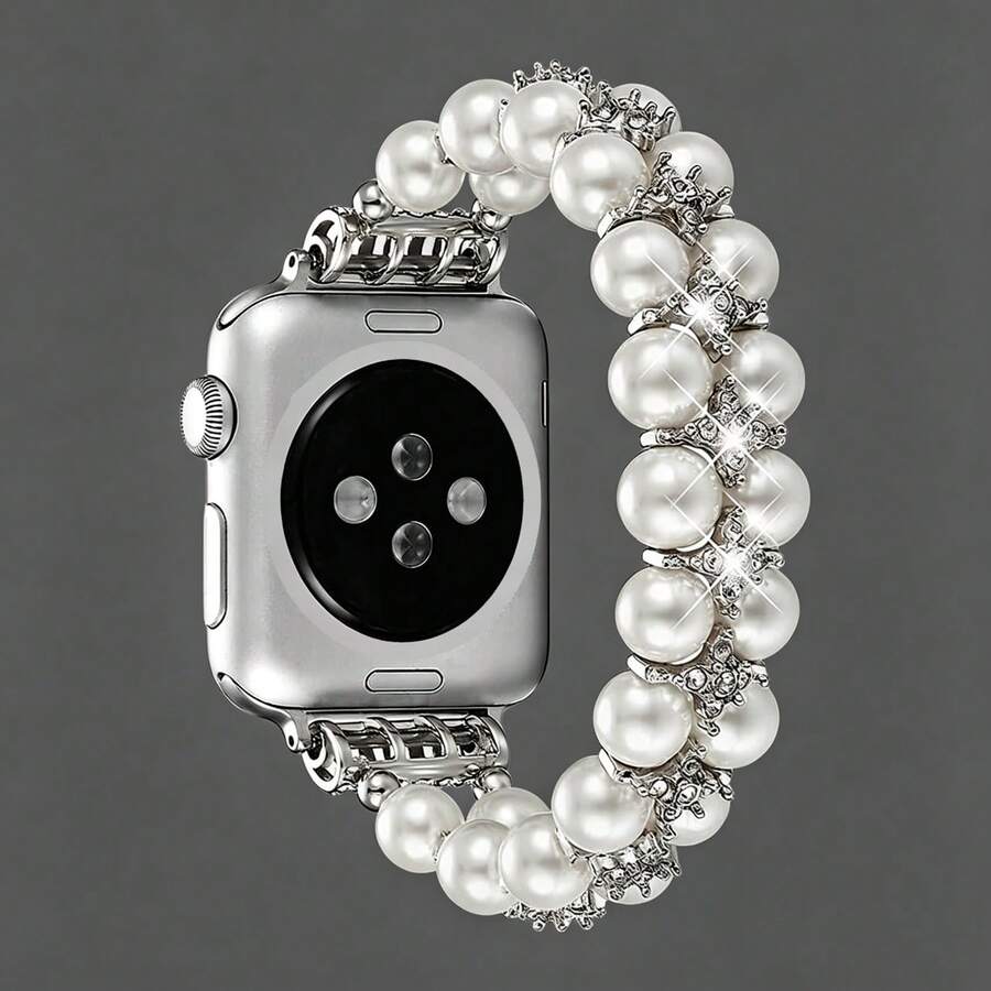 1pc Women Girls Double Row Pearl & Rhinestone Inlaid Beaded Watch Band Compatible With Apple Watch 38/40/41/44/45/49/42/46mm, Compatible With I-Watch Series 11/SE3/Ultra3/Ultra/SE/SE2/10/9/8/7/6/5/4/3/2/1, Handmade Elastic Smart Watch Band