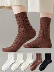 ZUJO 4 Pairs Solid Color Versatile Cable Knit Mid-Calf Socks For Women, Soft, Breathable And Warm, Suitable For Autumn And Winter - Multicolor - View 3