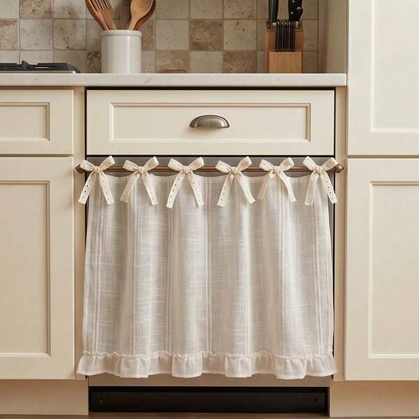 1pc Japanese Style Striped Ruffle Half Curtain Oven Curtain, No-Drill Tie-Up Sink Curtain Kitchen Cabinet Cover Decorative Fabric Curtain (Size 76*54cm)