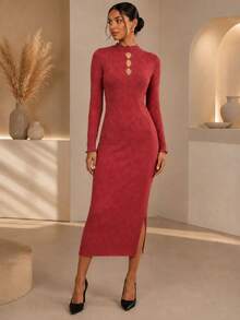 Vestido Midi Feminino Tricot Canelado Manga Longa Gola Alta Elegante - Goiaba - Visão 1