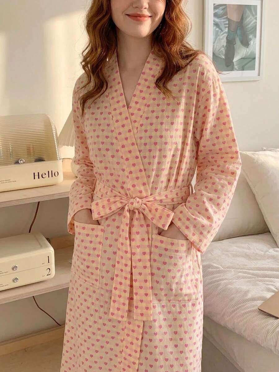 1件甜美迷人女款浴袍，春夏/秋冬新款，愛心格紋圖案，優雅寬鬆版型，舒適休閒中長款家居服，返校必備，適用於桑拿/海灘/泳池/浴室，請參考「尺寸表」購買*女孩浴袍浴室袍快乾超細纖維珊瑚絨吸水柔軟長款女式家居服睡衣長袍海灘浴巾 - 彩色 - 查看 1