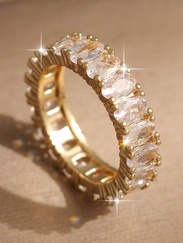 1pc Luxury Gold Plated Eternity Oval Cut Cubic Zirconia Full Paved Ring For Women, Perfect For Wedding, Anniversary, Daily Wear & Gifting