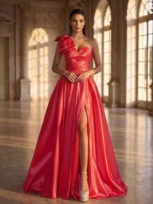 Sleeveless Women's Formal Evening Gown With Asymmetric Neckline, Ruched Bodice And Flared Skirt, Bold Thigh-High Slit, Red Wedding Party - Hot Pink - View 5