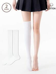 2雙女款黑白彈性壓力塑形小腿襪與過膝襪，JK風，適合搭配樂福鞋，日常休閒、約會場合及送禮 - 白色 - 查看 1