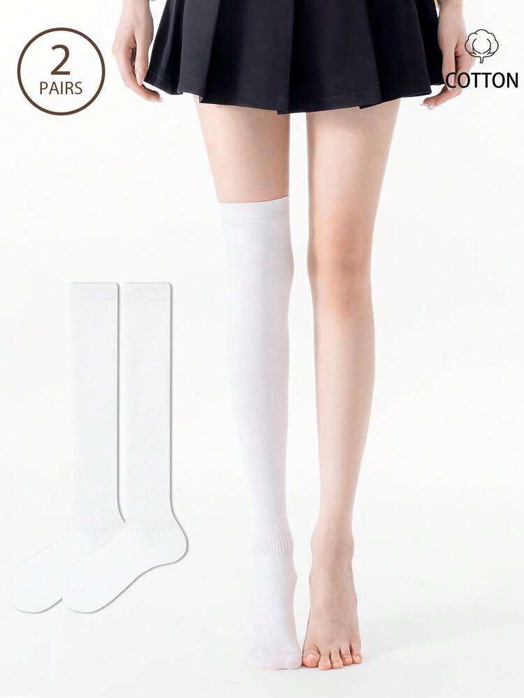 2 Pairs Women's Black White Stretch Compression Slimming Calf & Over-The-Knee Socks, JK Style For Loafers, Daily Casual, Date Occasions & Gifting - White - View 1
