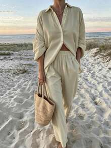 MOOSGOP Women's New Spring/Summer Fashion Versatile Casual Minimalist Home Multifunctional Beach Vacation Casual Style Lapel Button Shirt Elegant - Beige - View 4
