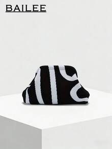 BAILEE Fashionable Retro Striped Colorblock Women's Clutch Bag, Zipper Closure, Suitable For Matching With Various Outfits, Perfect Gift Choice - Black and White - View 2