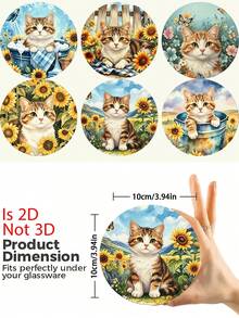 1/6pcs Cute Farm Cat Print Wooden Coasters, Rustic Sunflower Kitten Drink Coaster Set, Coffee Table Heat-Insulating Coasters, Home Decor, Kitchen Bar, Party Tabletop Protection, Non-Slip Beverage Coasters, Cat Lover Housewarming Gift - Multicolor - View 3