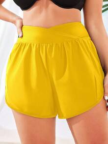 Swim Vcay Short Asymmetrical Size For Summer Bikini Solid Color - Yellow - View 1