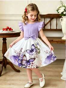Girls' Ruffled Sleeve Bow-Tie Floral Print Sweet Vacation Style Dress, Young Girl Formal Dress - Purple - View 2