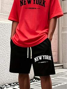 Men'S New York Casual Short Sleeve Black With White Lettering Casual Style| Comfortable Fit, PLUS SIZE  Men's Casual Outfit, Cotton Sportswear Set - 紅色 - 查看 10