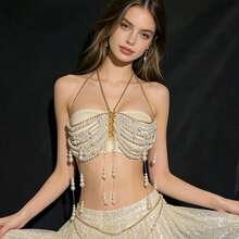 1PC Fashion Sexy Faux Pearl Tassel Body Chain Top, Nightclub Party Chest Chain, Beach Vacation Bikini Chain - Gold - View 4