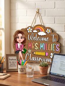 1pc Custom Teacher Cartoon Classroom Door Sign,Personalized Custom Name,Personalized Chibi Teacher Character Wooden Door Hanger,Two Styles Available,Classroom Decor,Teacher Appreciation Back To School Gift For Teachers,Thoughtful Gift For Teachers - Multicolor - View 9