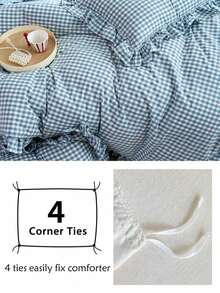 Set Sprei Selimut Minimalis Motif Kotak-kotak Kecil Warna Biru dengan Pinggiran Bergelombang, Nyaman, Lembut, dan Ramah Kulit, 3 Buah (1*Sprei Selimut + 2*Sarung Bantal, Tanpa Isi), Cocok untuk Kamar Tidur, Kamar Tamu, Dapat Dicuci dengan Mesin, Sepanjang Musim - Dusty Blue - View 5