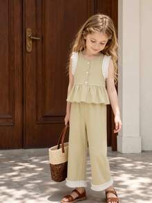 Girls' 2pcs Casual Fashion Set, Apricot Tank Top T-Shirt & Solid Long Pants, Spring/Summer Outfit For Toddlers - Apricot - View 1