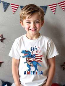 Short-Sleeved T-Shirt For Young People, With Dinosaur Print And The US Flag, Ideal For The 4th Of July And Summer. - 白色 - 查看 1