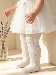 2条装女婴/幼儿米色/白色连裤袜，舒适休闲百搭，饰有玫瑰花图案，适合搭配连衣裙和返校服装。 - 彩色 - 查看 2