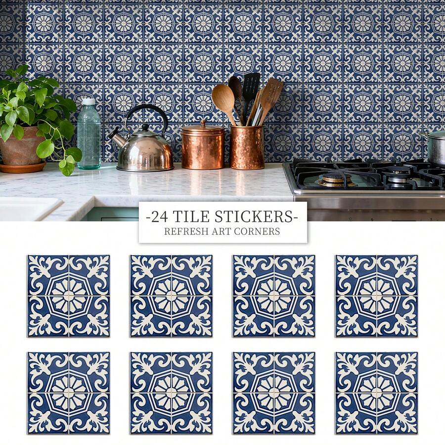 24PCS Peel And Stick PVC Tile Stickers, Different Style Patterns, Waterproof, Oil-Resistant, Stain-Resistant, Removable, No Residue, Suitable For Living Room, Kitchen, Bathroom, Toilet, Home Wall Decoration Renovation, DIY, Matte Texture, Size 10/15/20CM