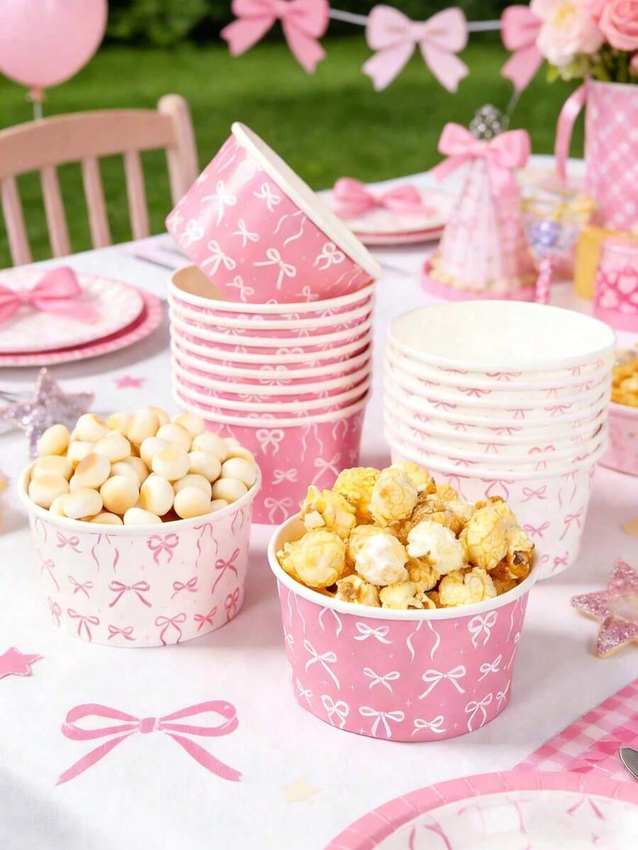 10 piezas de cuencos de papel con lazo rosa, cuencos de helado con lazo rosa, cubos de palomitas, cajas de aperitivos, recipientes para patatas fritas, bandejas de comida, decoraciones de fiesta con lazo rosa, decoraciones de fiesta de revelación de género, decoraciones de boda, vajilla desechable para fiesta de cumpleaños de princesa rosa - multicolor - Ver 1