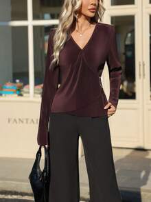 French Style Cross-Wrap V-Neck Pleated Long Sleeve Blouse With Side Ring Buckle Waist Cinch, Slim Fit Commuter Versatile Coffee Brown Top - Coffee Brown - View 4