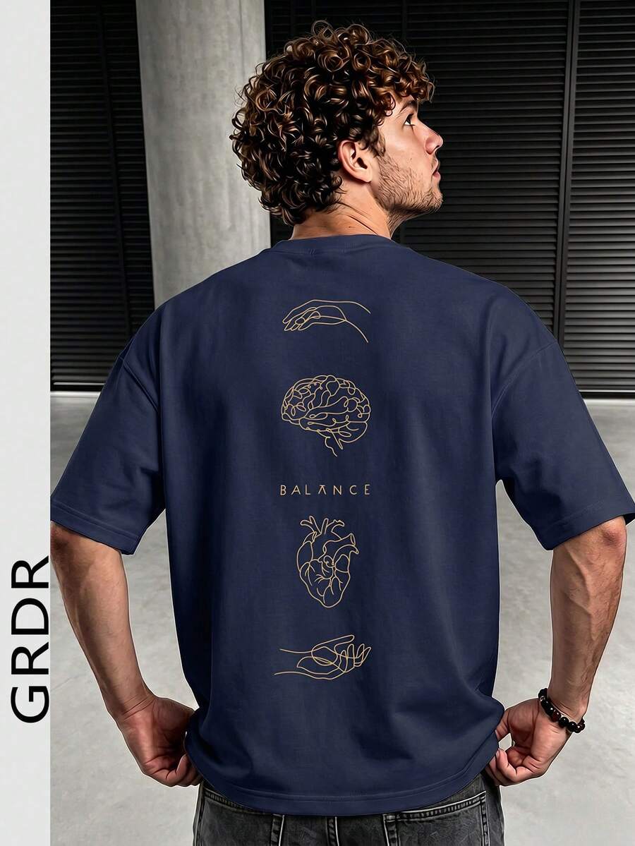 GRDR Men's Fashionable Printed Loose Short Sleeve T-Shirt | Exquisite Design | Summer Essential | Easy To Match, Showcasing Your Style - Navy Blue - View 1