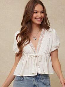 Top de verano bohemio estilo country-western con cuello en V profundo, lazo, flecos frontales, mangas cortas abombadas y volantes, confeccio - Albaricoque - Ver 1
