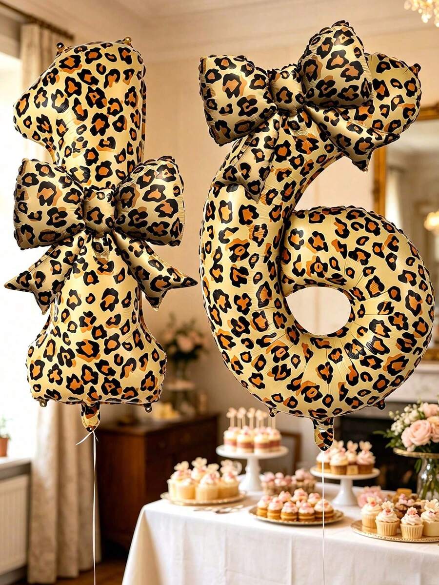 2pcs 40 Inch Leopard Print 0-9 Number Aluminum Foil Balloons, Leopard Print Bow Shape Balloons, Suitable For Birthday Party, Anniversary Decoration - Leopard Print Suit - View 1
