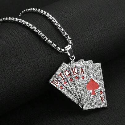 1PC Silver Full Rhinestone Black/Red Optional Royal Flush Poker Card Necklace, Fade-Resistant Hip-Hop Neck Chain, Suitable For Summer Vacation, Music Festival, Streetwear, Nightclub Party, Birthday / Christmas / Brother Gift, Personalized Accessory