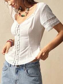 Blusa tejida de manga corta con cuello en V y empalmado de encaje para mujer - Blanco - Ver 4