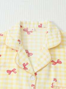2pcs Women's Comfortable Plaid Bow Print Short Sleeve Collared Top And Bow Shorts Pajama Set, Spring/Summer - Yellow - View 3