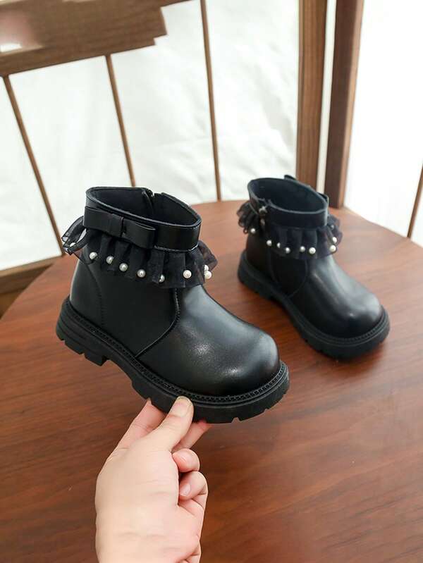 Girls Princess Style Boots, Autumn/Winter Lace & Pearl Ankle Boots, Baby Soft Sole Non-Slip Thermal Lined Boots