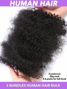 3件組 Afro Kinky 散裝真人髮接髮 8英吋/12英吋，適用於髒辮、扭繩髮與編髮，可漂染，自然黑色，男女皆宜，多功能髮型造型，逼真髮假髮，優質髮品 - Natural Black - 查看 4