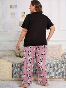 Plus Size Casual Comfortable Cartoon Print Short Sleeve Pink Print Long Pants Women's Loungewear 2 Pieces Pajama Set - Black - View 3