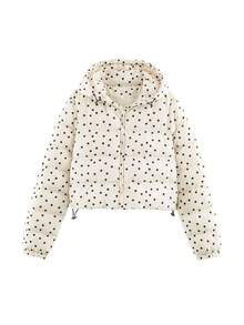Women's Beige Polka Dot Quilted Slim Fit Zip-Up Hooded Jacket With Drawstring Hem - Beige - View 5