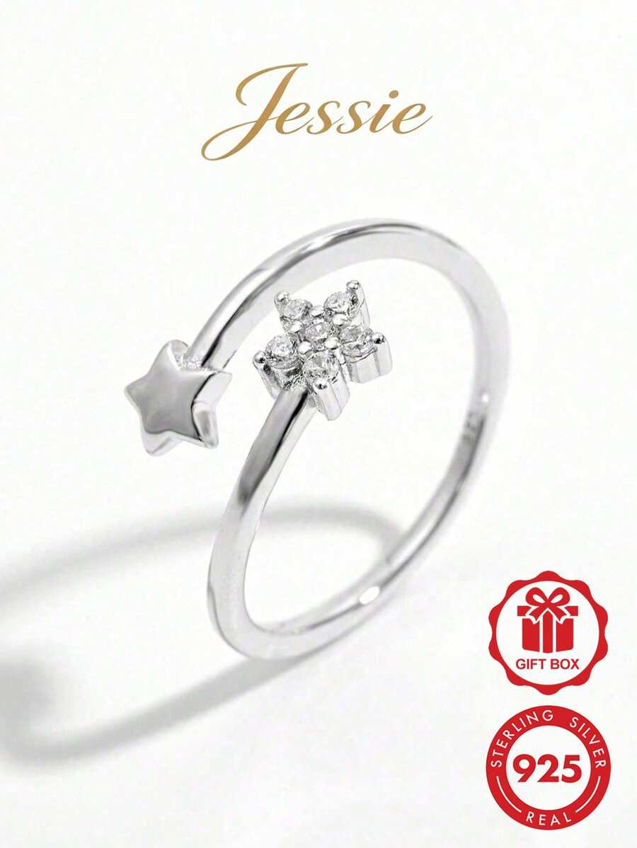 1枚优雅时尚闪亮简约925纯银立方氧化锆星形拥抱设计可调节戒指，送给女性的约会、派对礼物，展现魅力 - 銀色 - 查看 1