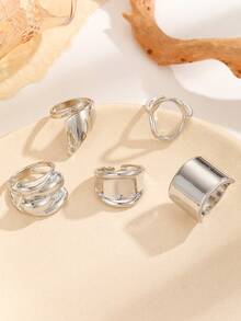 5pcs Set Smooth Wrinkled Asymmetrical Jewelry Set, Women's Fashion Jewelry, Suitable For Daily And Party Wear - Silver - View 3