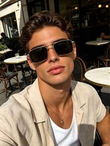 1pc Men's Fashion Glasses, Square Frame, European And American Style Fashion Design, Business Casual Fashion Glasses, Personalized Glasses, Unique Customized Glasses, Suitable For Daily Outings, Going Out, Driving, And Outfit Matching - Gold - View 2