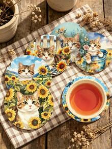 1/6pcs Cute Farm Cat Print Wooden Coasters, Rustic Sunflower Kitten Drink Coaster Set, Coffee Table Heat-Insulating Coasters, Home Decor, Kitchen Bar, Party Tabletop Protection, Non-Slip Beverage Coasters, Cat Lover Housewarming Gift - Multicolor - View 5