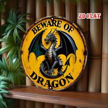 2D Flat 1pc Winged Beast Metal Tin Sign, Yellow Round Sign, Design 7.8X7.8 Round Sign - Beware Of Dragon Rustic Metal Wall Art, Metal Wall Decor, Suitable For Home, Garage, Restaurant, Cafe Wall Decoration Sign, 2D Flat - Multicolor - View 8