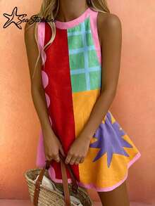 Sea Starshine Spring/Summer New Arrival: Bohemian Style "Dopamine" Color Block A-Line Dress - Features Star And Geometric Prints Elegant - Multicolor - View 5