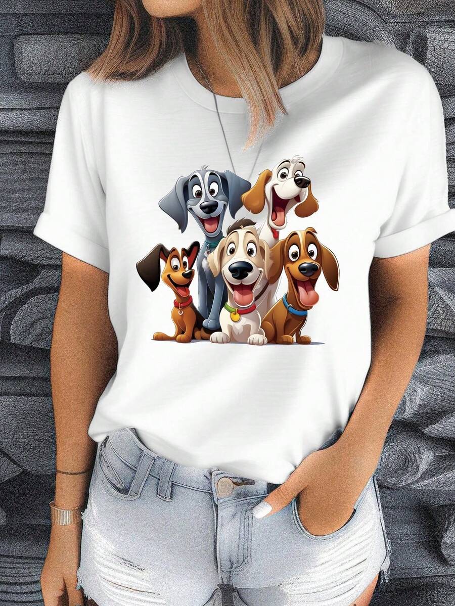 Y2K Women's Casual Summer T-Shirt Women's Graphic T-Shirt With Round Neck And Short Sleeves, With Cute Cartoon Animal Print - 白色 - 查看 1