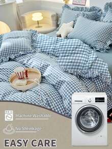 Set Sprei Selimut Minimalis Motif Kotak-kotak Kecil Warna Biru dengan Pinggiran Bergelombang, Nyaman, Lembut, dan Ramah Kulit, 3 Buah (1*Sprei Selimut + 2*Sarung Bantal, Tanpa Isi), Cocok untuk Kamar Tidur, Kamar Tamu, Dapat Dicuci dengan Mesin, Sepanjang Musim - Dusty Blue - View 8