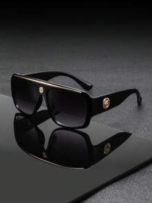 1 Pair Men's Black & Gold Top Beam Embossed Badge Square Frame Glasses, Light Luxury Vintage High-End Elegant Luxurious Classical Fashion Eyewear, Suitable For Vacation, Gathering, Dinner, Party - Multicolor - View 5