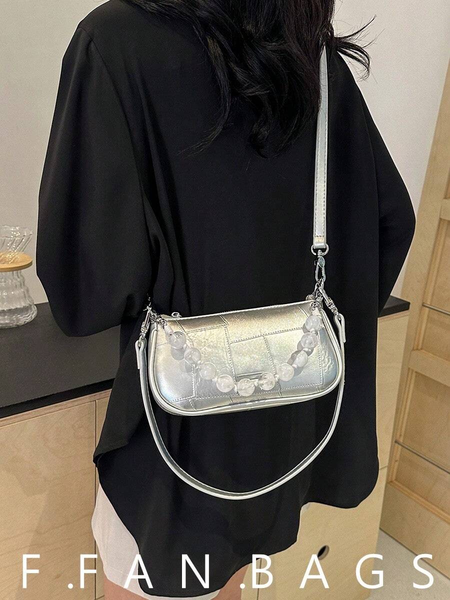 女款春夏新款韓系時尚小方包小眾Ins風極簡單肩包 - 銀色 - 查看 1