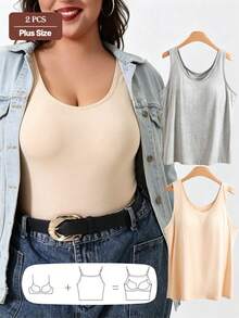 2pcs Plus Size Women's Camisole With Padded Cups, Seamless Spaghetti Strap Round Neck Slimming Base Layer, Elastic Comfortable Sleeveless Top - Multicolor - View 1