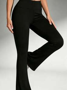 High Waist Black Center Seam Split Flared Sports Pants - Tummy Control, Butt Lift, High Elasticity, Non-Curling - , Versatile, Daily Sports Fall - Black - View 5