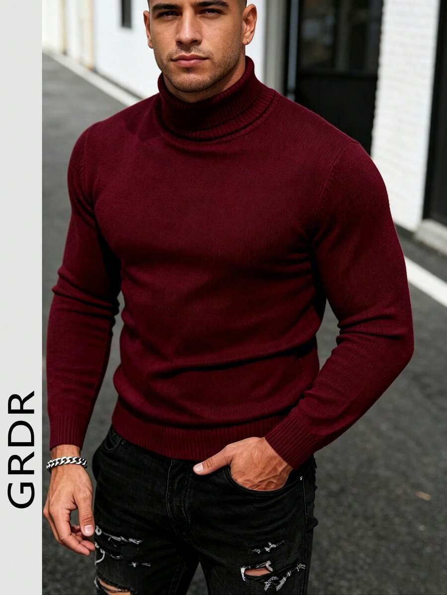 GRDR Men's Long Sleeve Turtleneck Knit Sweater, Versatile For Daily Wear - Burgundy - View 1